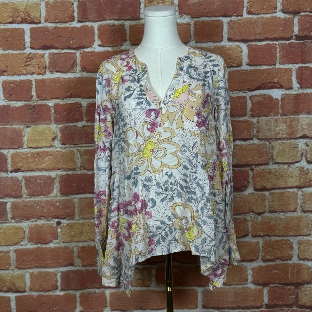Maeve By Anthropologie Long Sleeve Blouse Women Size 6 V Neck Ivory Floral‎ Boho